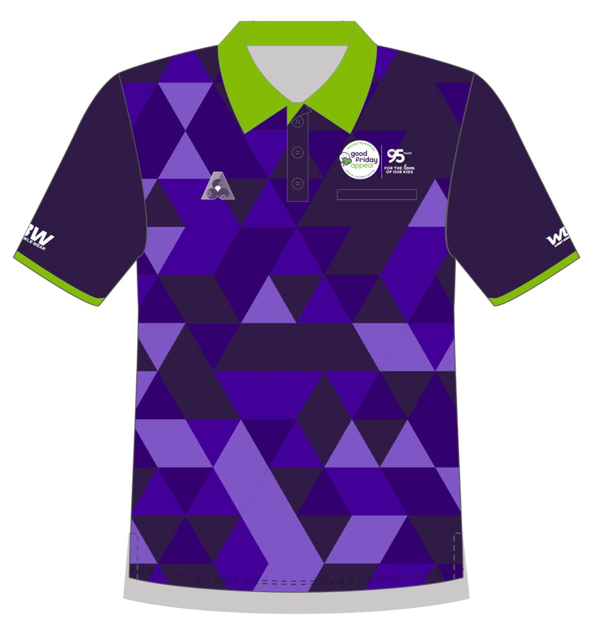 Geometric patterned polo shirt with brand logos on a white background