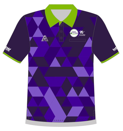 Geometric patterned polo shirt with brand logos on a white background
